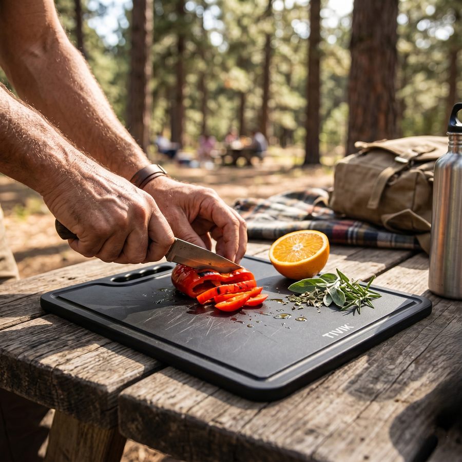 Paprika en sinaasappel snijden op een zwarte plank in het bos