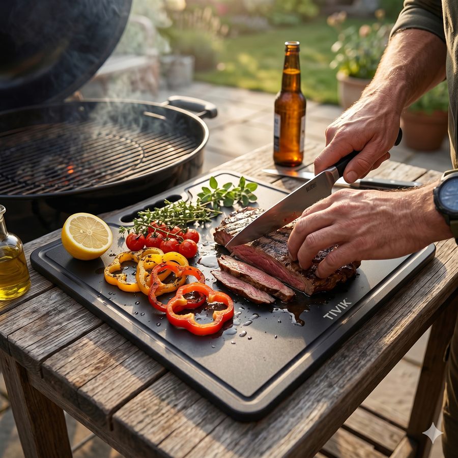 Vlees en groente bij de barbecue op een zwarte plank