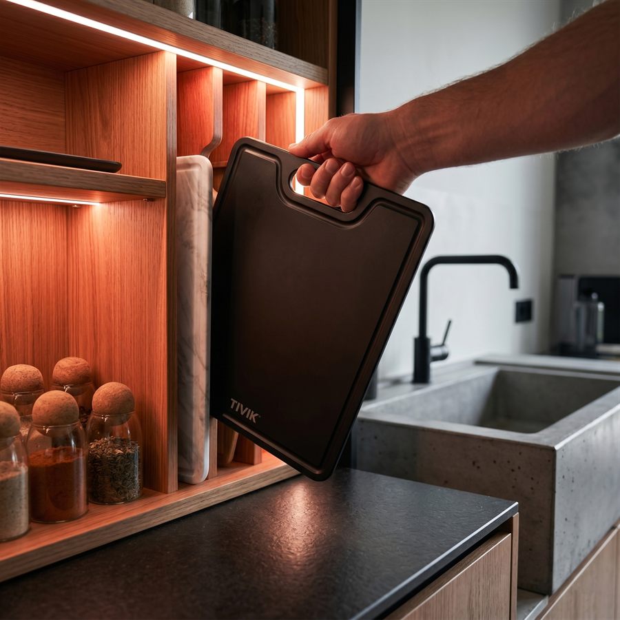 Zwarte plank uit een kast met verlichte schappen