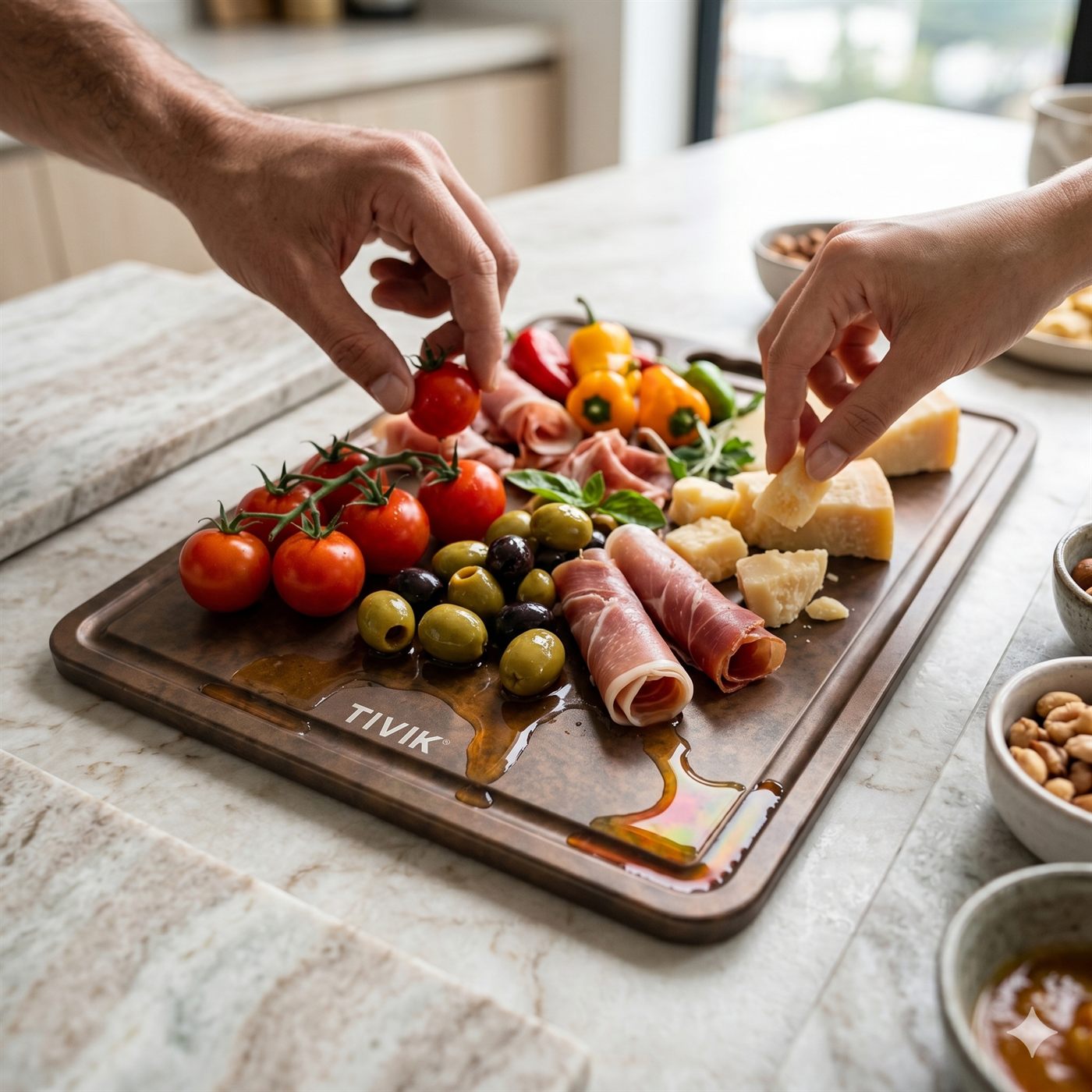 Borrelplank met ham, kaas, olijven en tomaatjes op een bruine TIVIK-plank