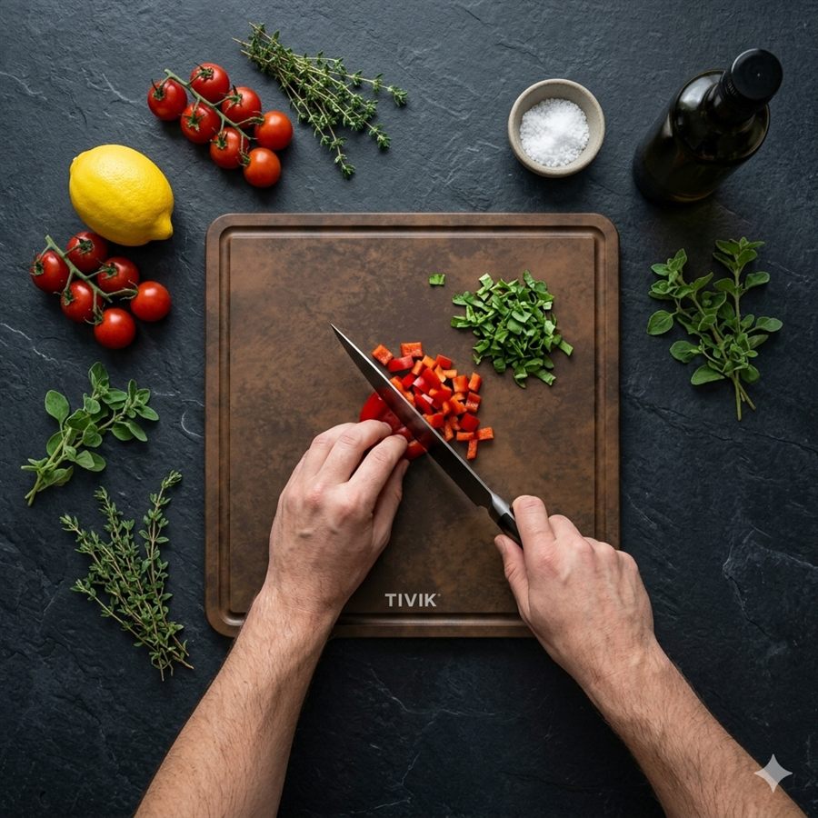 Tomaten en kruiden op een bruine plank, van bovenaf